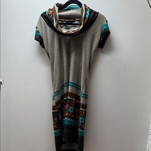 Desigual Gray and Teal Cowl Neck Sweater Dress